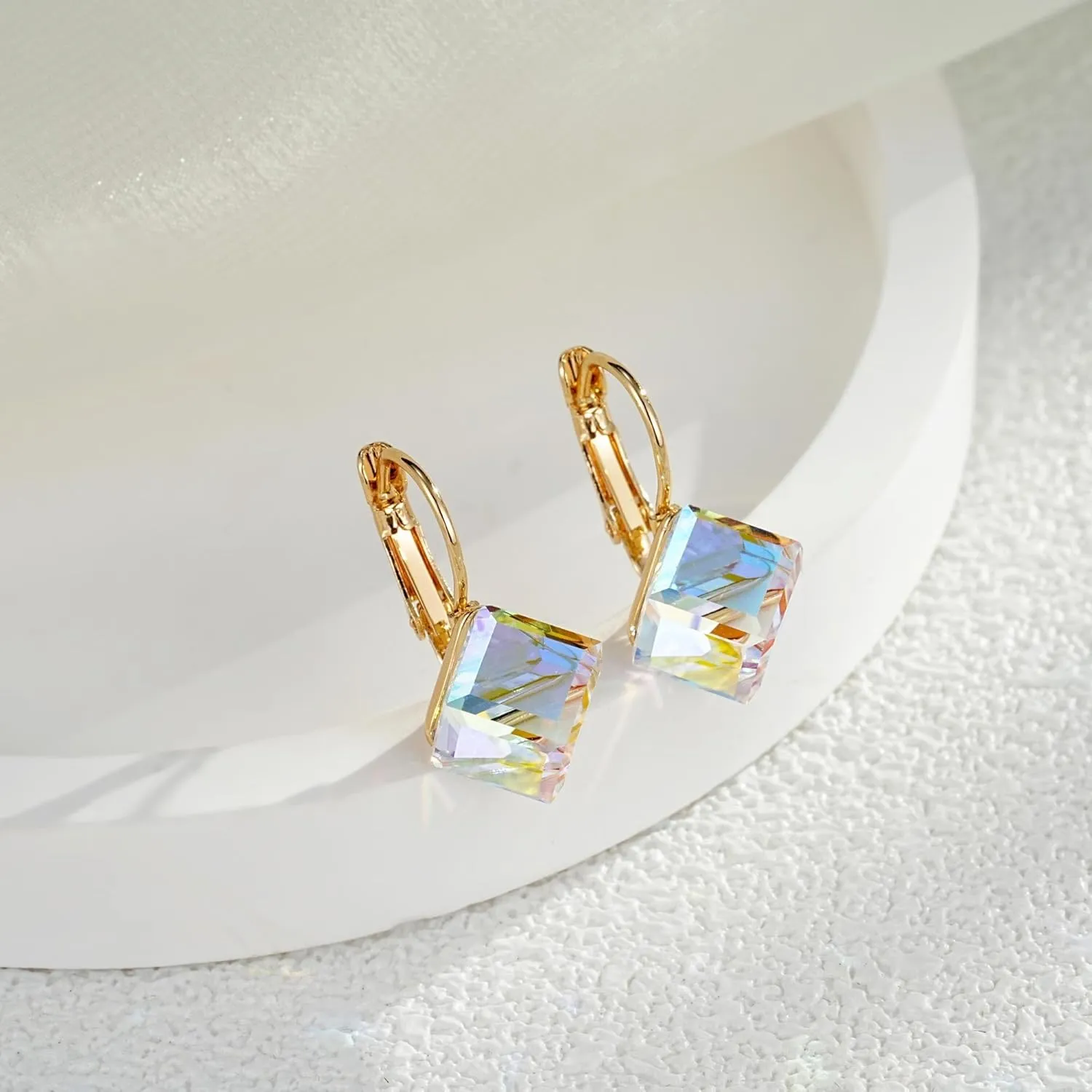 Cube Austrian Crystal Drop Leverback Earrings for Women Fashion 14K Rose Gold Plated Hypoallergenic Jewelry