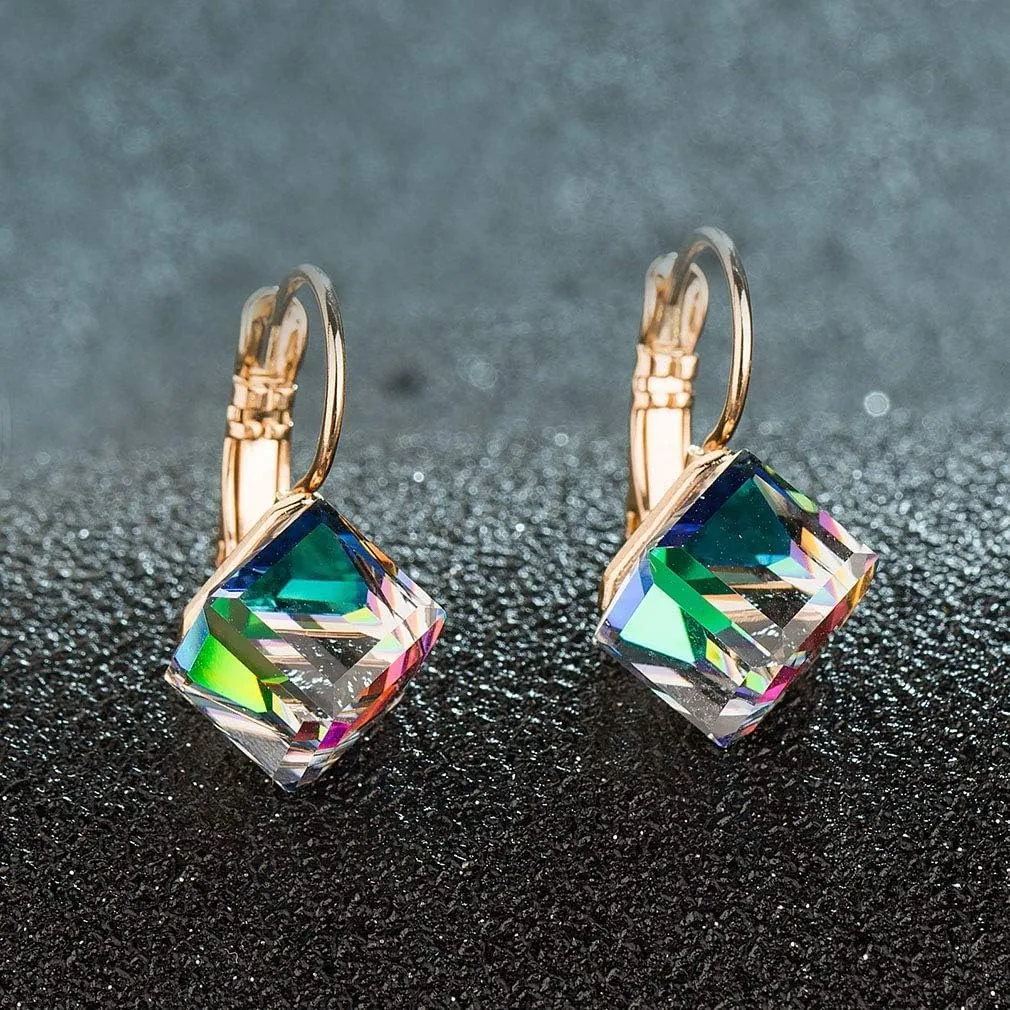 Cube Austrian Crystal Drop Leverback Earrings for Women Fashion 14K Rose Gold Plated Hypoallergenic Jewelry