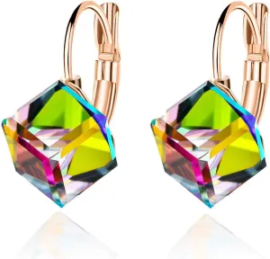 Cube Austrian Crystal Drop Leverback Earrings for Women Fashion 14K Rose Gold Plated Hypoallergenic Jewelry
