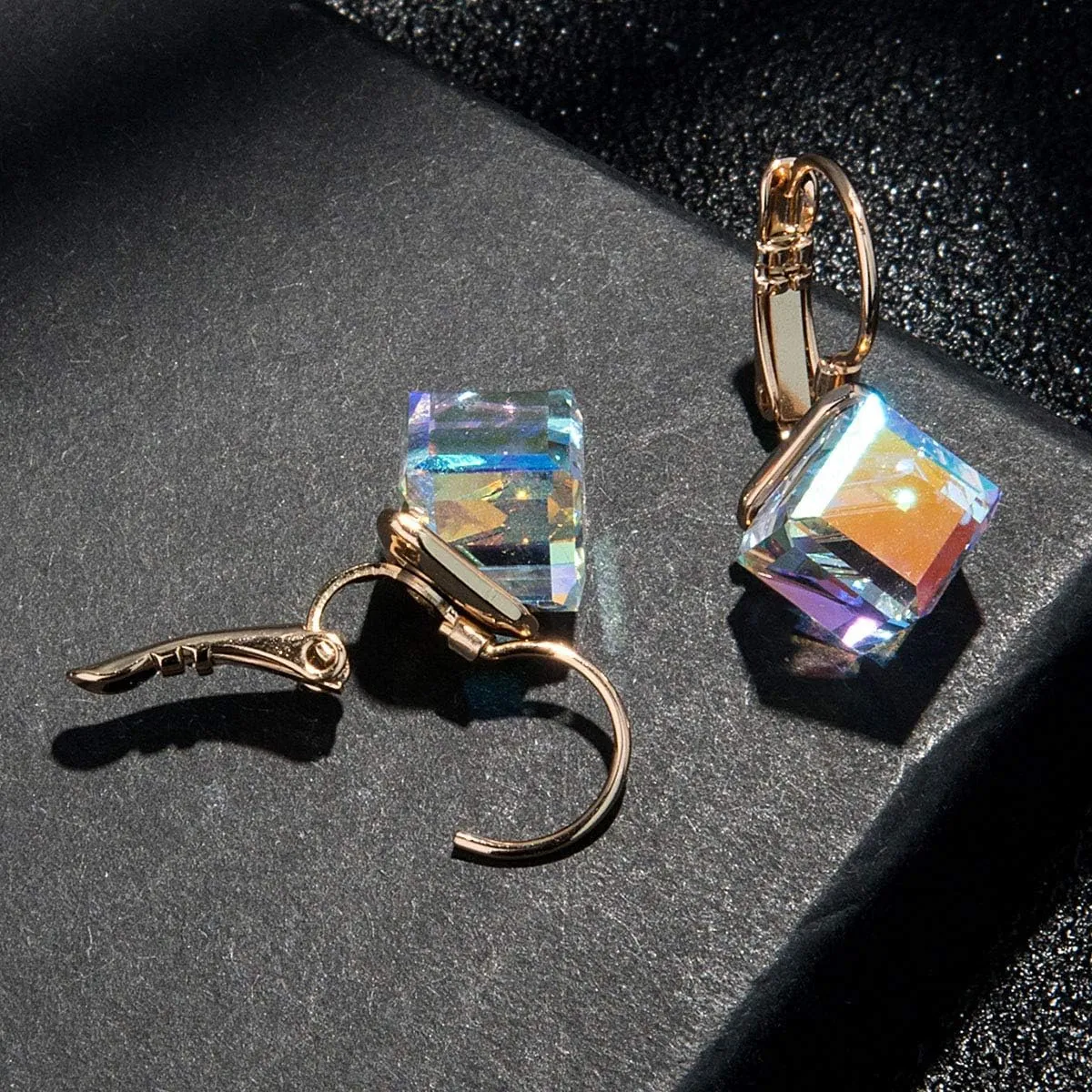 Cube Austrian Crystal Drop Leverback Earrings for Women Fashion 14K Rose Gold Plated Hypoallergenic Jewelry
