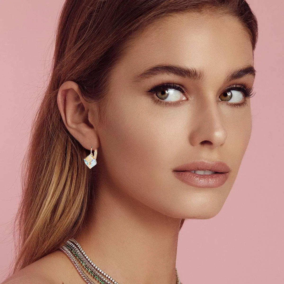 Cube Austrian Crystal Drop Leverback Earrings for Women Fashion 14K Rose Gold Plated Hypoallergenic Jewelry