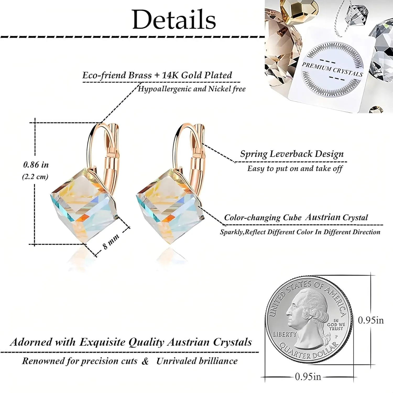 Cube Austrian Crystal Drop Leverback Earrings for Women Fashion 14K Rose Gold Plated Hypoallergenic Jewelry