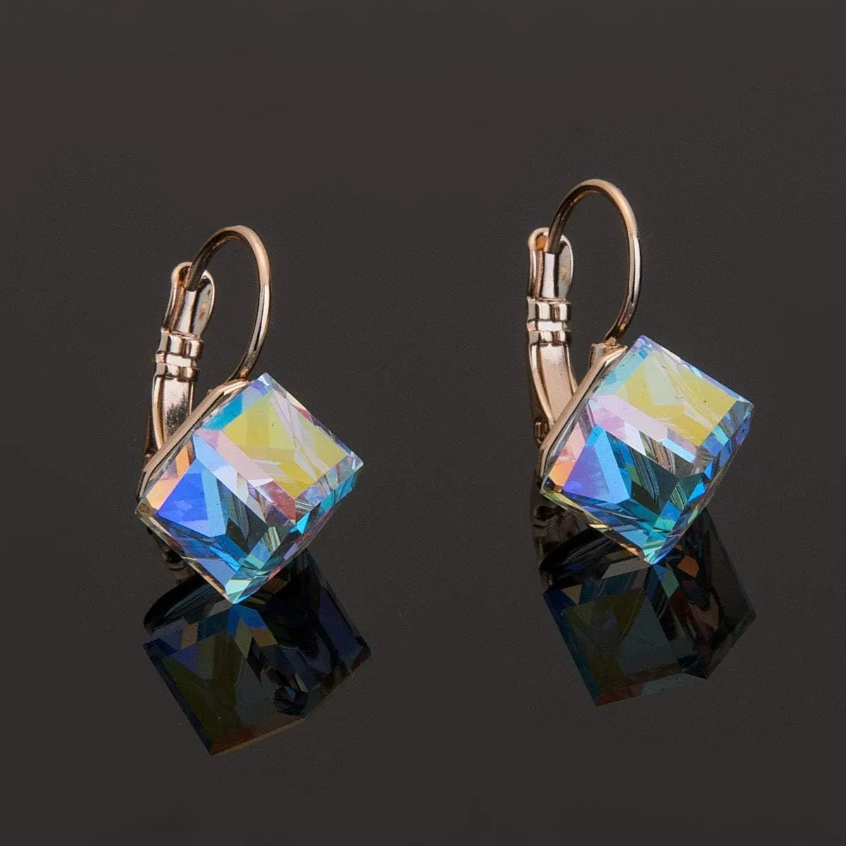 Cube Austrian Crystal Drop Leverback Earrings for Women Fashion 14K Rose Gold Plated Hypoallergenic Jewelry