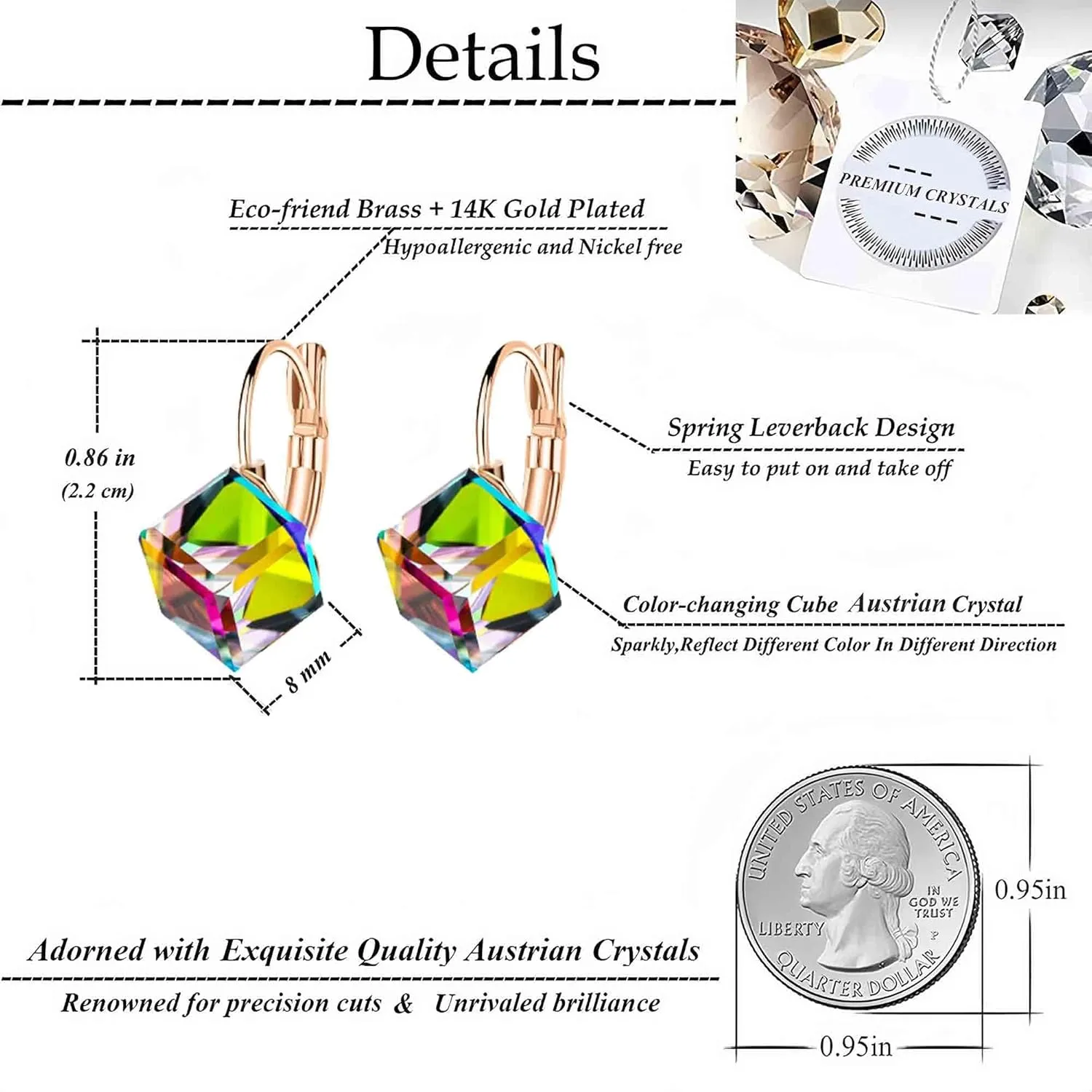 Cube Austrian Crystal Drop Leverback Earrings for Women Fashion 14K Rose Gold Plated Hypoallergenic Jewelry