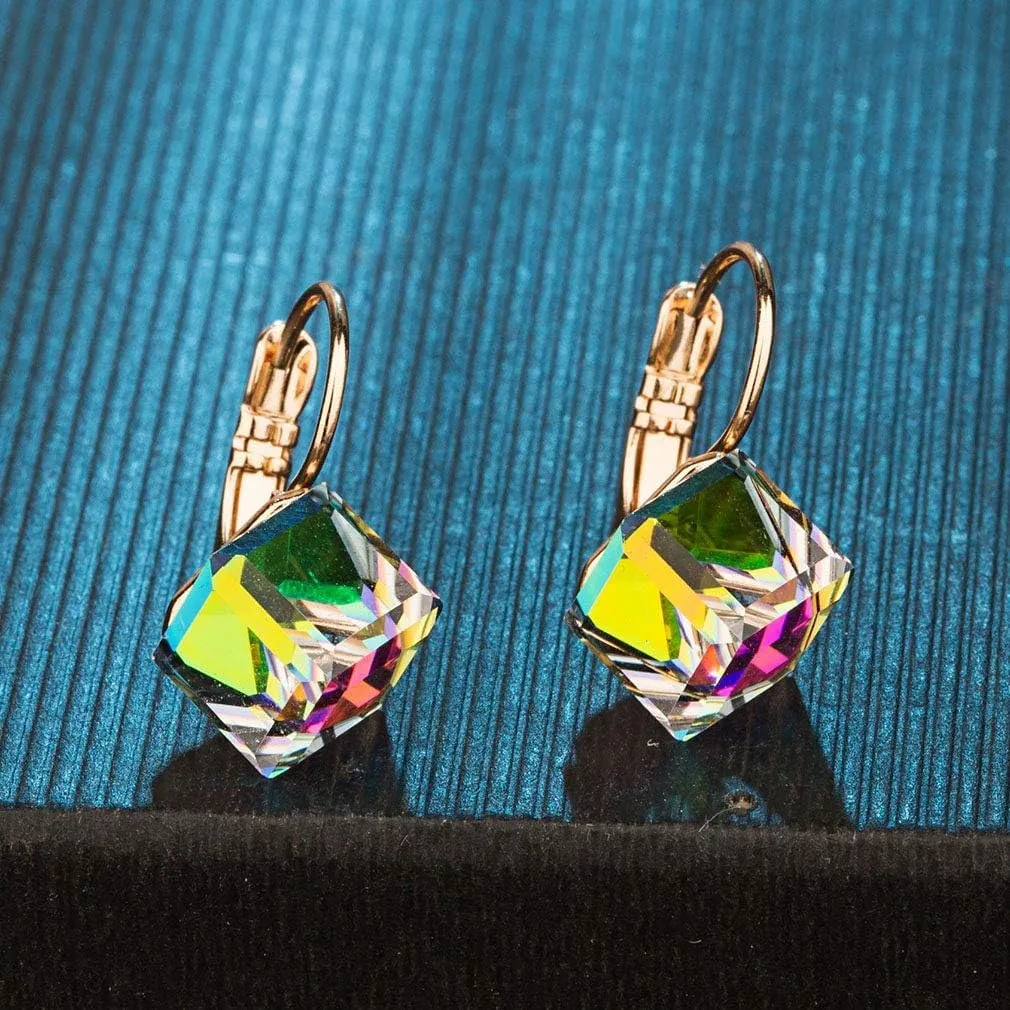 Cube Austrian Crystal Drop Leverback Earrings for Women Fashion 14K Rose Gold Plated Hypoallergenic Jewelry