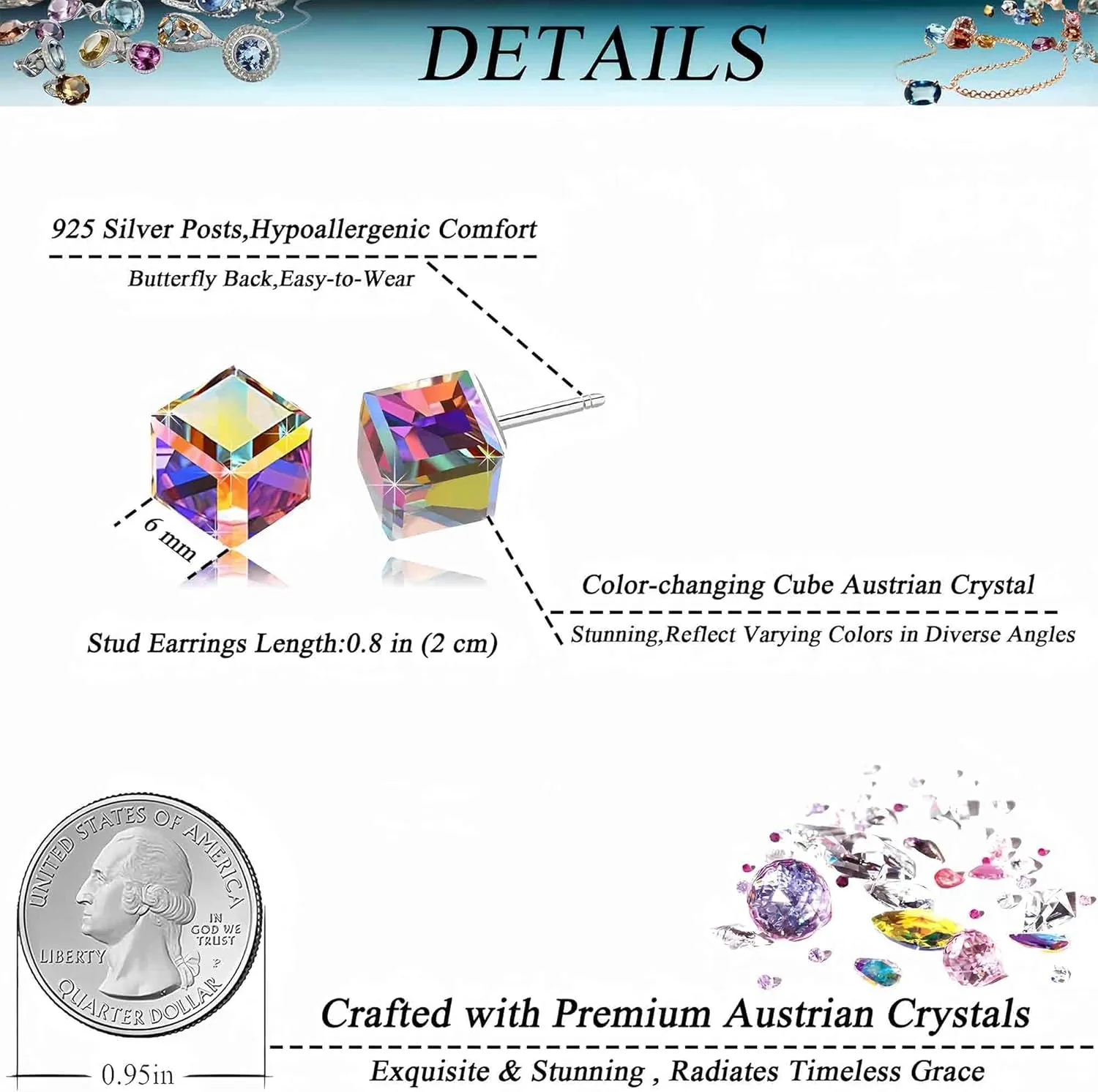 Cube Austrian Crystal Drop Stud Earrings for Women Fashion S925 Sterling Silver Hypoallergenic Jewelry