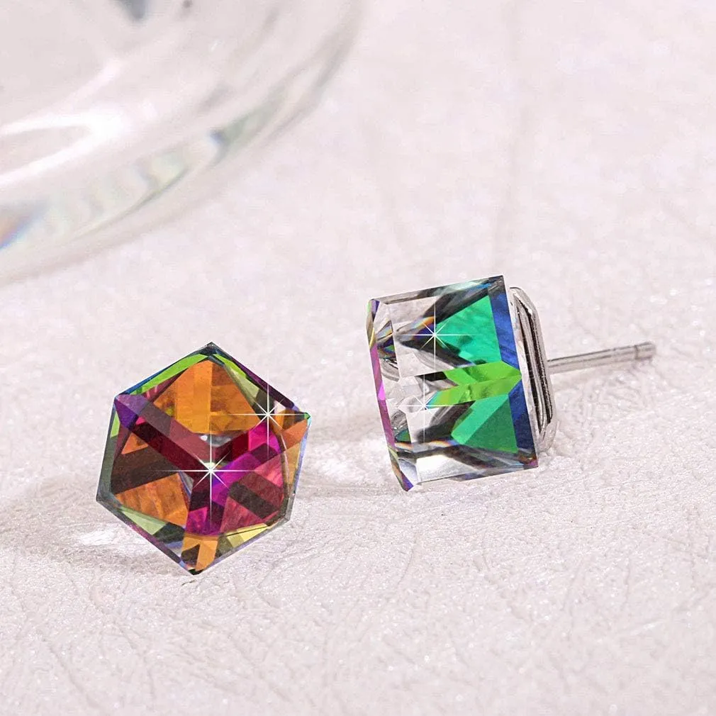 Cube Austrian Crystal Drop Stud Earrings for Women Fashion S925 Sterling Silver Hypoallergenic Jewelry