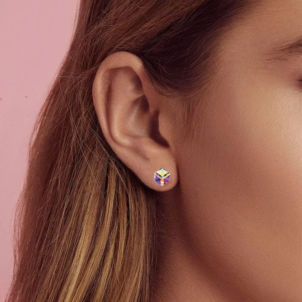 Cube Austrian Crystal Drop Stud Earrings for Women Fashion S925 Sterling Silver Hypoallergenic Jewelry