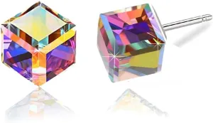 Cube Austrian Crystal Drop Stud Earrings for Women Fashion S925 Sterling Silver Hypoallergenic Jewelry