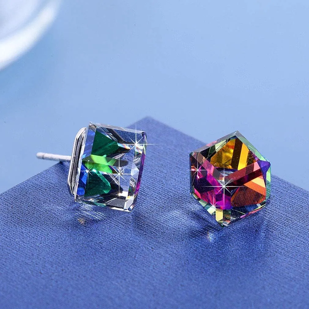 Cube Austrian Crystal Drop Stud Earrings for Women Fashion S925 Sterling Silver Hypoallergenic Jewelry