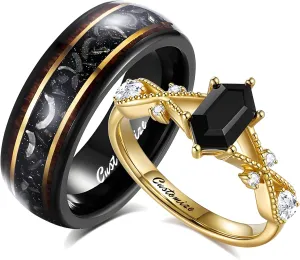 Custom Black Onyx Couples Ring Set - Promise Rings for Her - Matching Rings for Couples - Men Wedding Band Wood Meteorite - Wedding Ring Sets