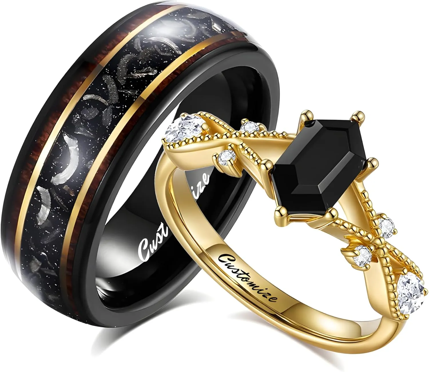 Custom Black Onyx Couples Ring Set - Promise Rings for Her - Matching Rings for Couples - Men Wedding Band Wood Meteorite - Wedding Ring Sets