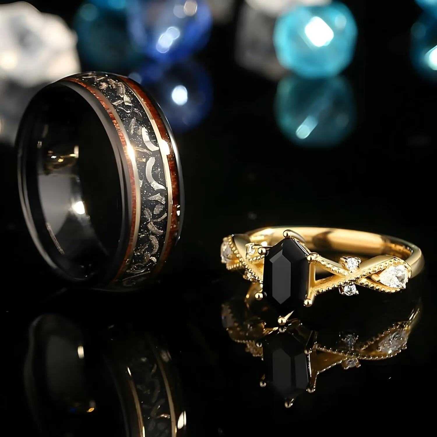 Custom Black Onyx Couples Ring Set - Promise Rings for Her - Matching Rings for Couples - Men Wedding Band Wood Meteorite - Wedding Ring Sets