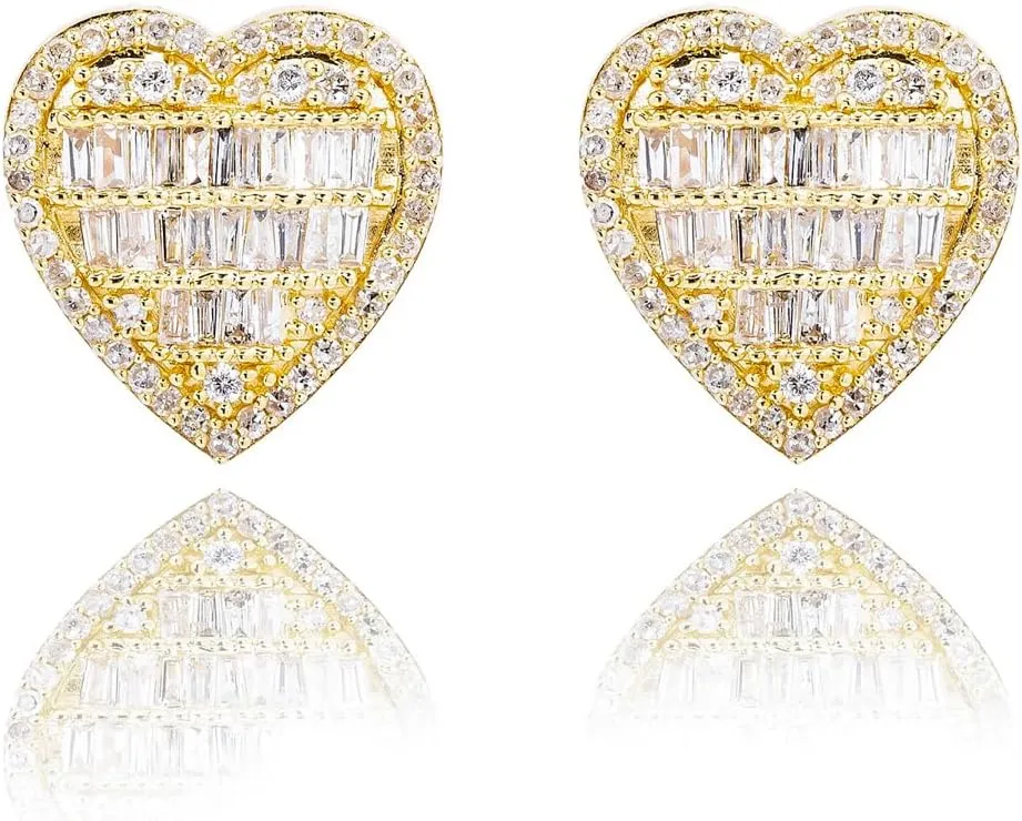Cute 14K Yellow Gold Plated 925 Sterling Silver Iced 5A Cz Hip Hop Baguette Large Heart Stud Earrings For Women Jewelry Gift For Wife Mom Wedding Birthday Valentine's Day Gifts
