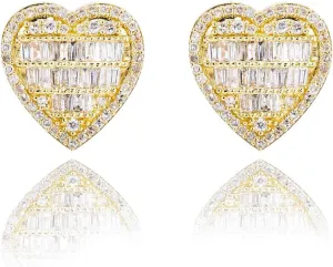 Cute 14K Yellow Gold Plated 925 Sterling Silver Iced 5A Cz Hip Hop Baguette Large Heart Stud Earrings For Women Jewelry Gift For Wife Mom Wedding Birthday Valentine's Day Gifts