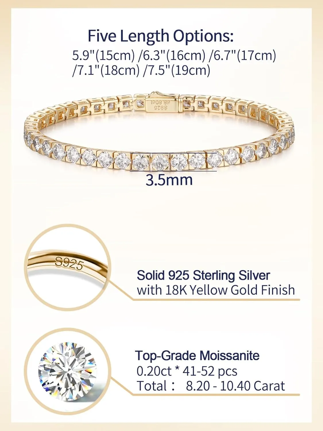 D Color VVS1 Clarity Moissanite Tennis Bracelet for Women, Really Authentic Solid 925 Sterling Silver, 5.5-7.5inch (14-19cm), Birthday Anniversary Valentines Mothers Day Ideal Gift for Her