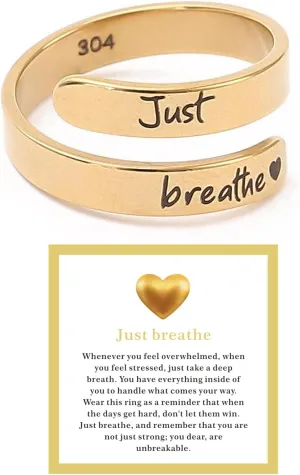 Dainty Just Breathe Ring for Women, Inspirational Engraved Heart Stainless Steel Open Ring Encouragement Daily Motivation Love Yourself Jewelry Gift