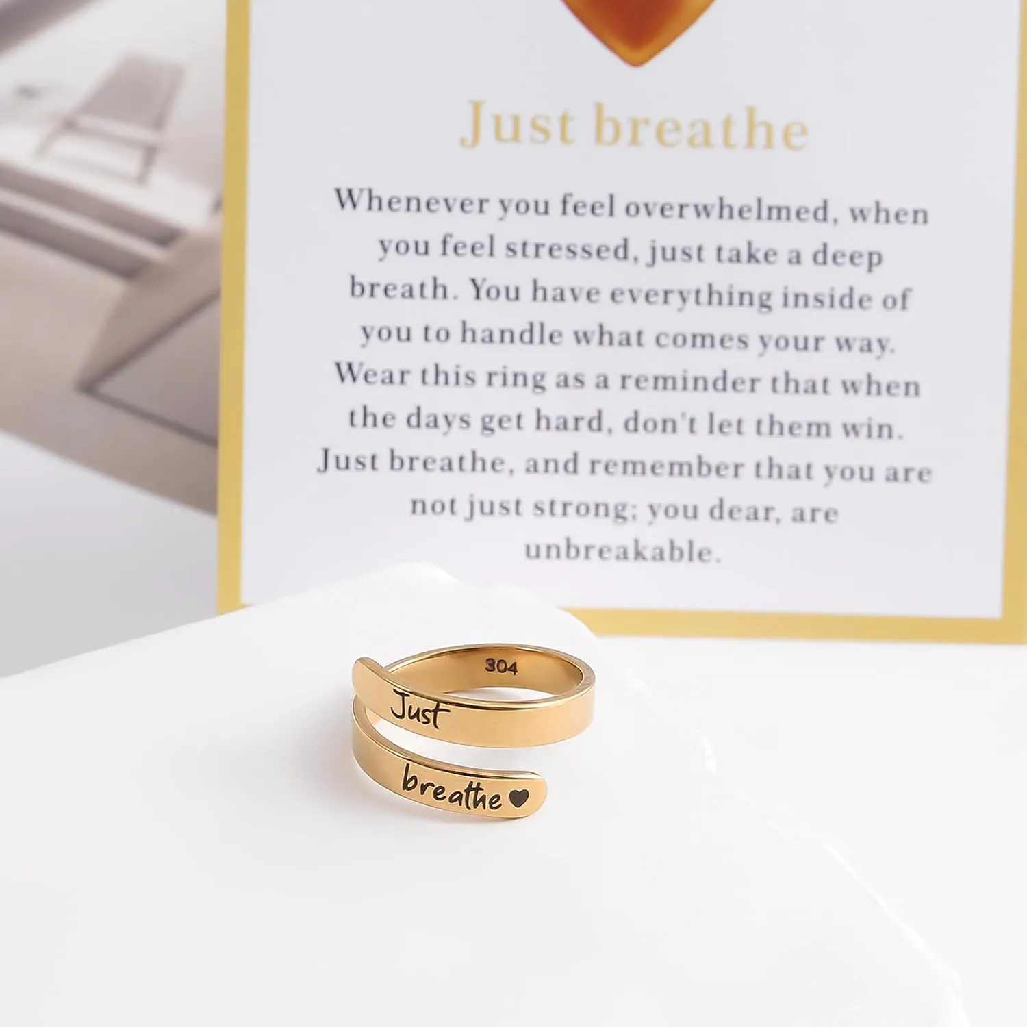 Dainty Just Breathe Ring for Women, Inspirational Engraved Heart Stainless Steel Open Ring Encouragement Daily Motivation Love Yourself Jewelry Gift