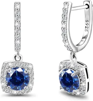 Dangle Hoop Earrings For Women Sterling Silver Huggie Earrings with Princess Cut Blue Square Halo CZ Charm Dangling Drop Cartilage Cuff Earrings Hypoallergenic Jewelry Birthday Wedding Gifts