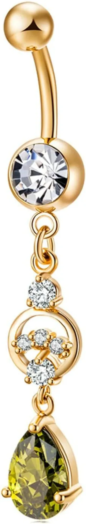 Dangle Navel Ring Stainless Steel, CZ Navel Dangle Rings for Women Teardrop Green Gold Navel Rings