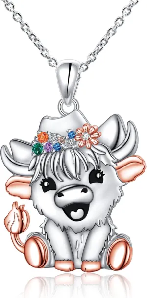 DAOCHONG S925 Sterling Silver Highland Cow Cattle Colorful CZ Pendant Necklace for Women Jewelry
