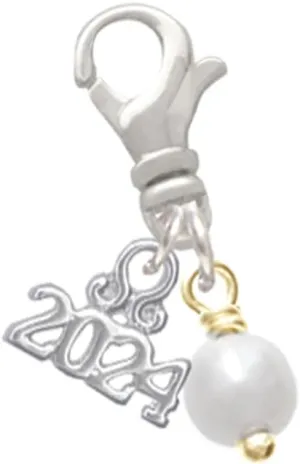 Delight Jewelry Plated 6mm Glass Imitation Pearl Bead Drop - Clip on Charm with Year 2024