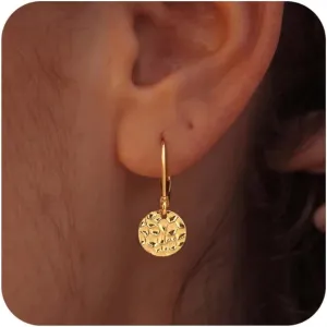 Disc Leverback Earrings for Women: Dainty 14k Gold Plated Dangle Earrings for Women Hypoallergenic Hammered Teardrop Coin Earring Set Gold Jewelry for Womens Trendy