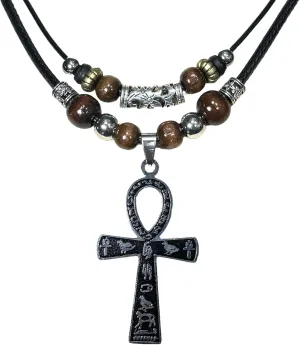 Double Layer Egyptian Necklace Ankh Cross Pendant Necklace Stainless Steel Ancient Egyptian Hieroglyphic Symbol Necklace for Men Women
