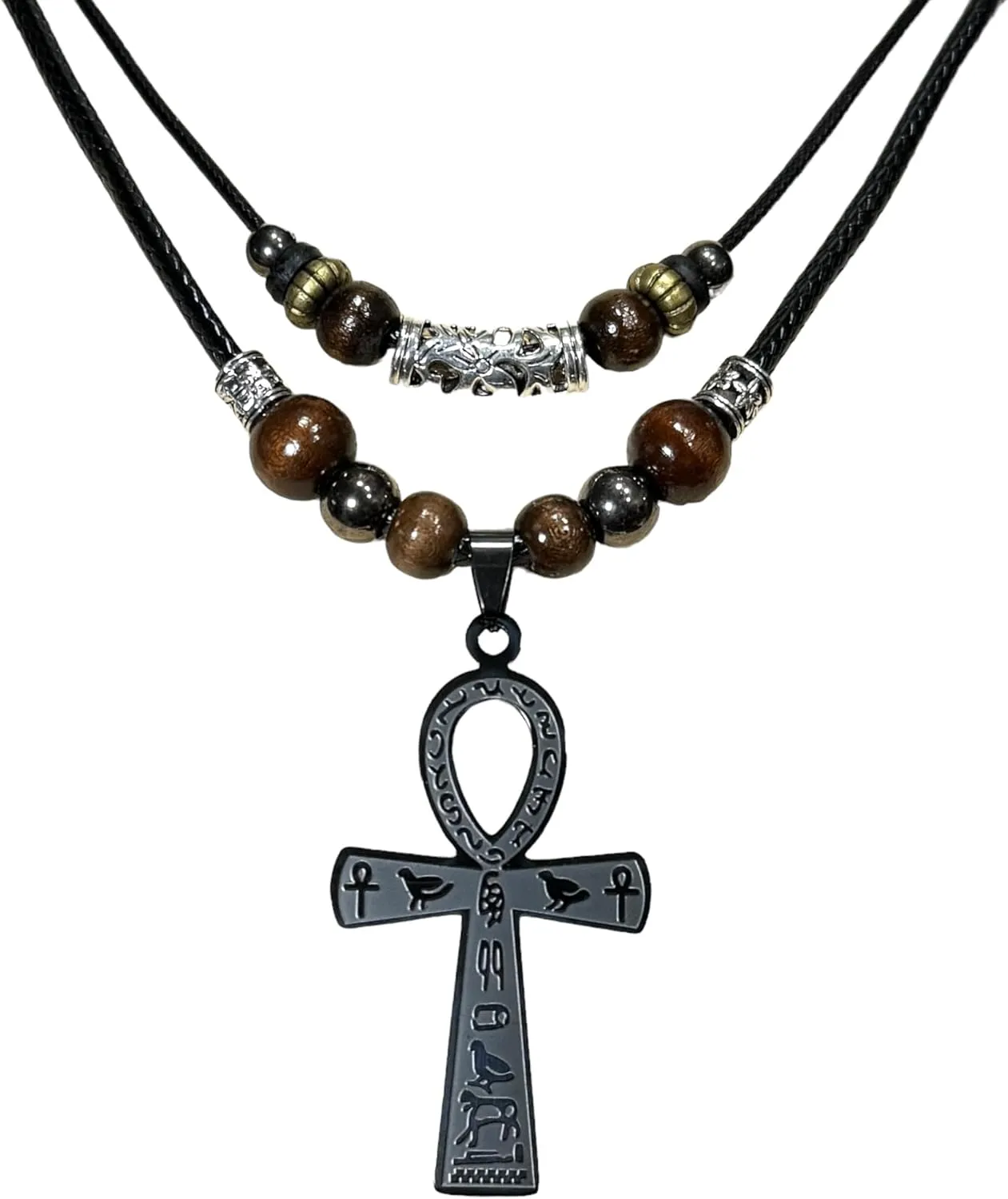 Double Layer Egyptian Necklace Ankh Cross Pendant Necklace Stainless Steel Ancient Egyptian Hieroglyphic Symbol Necklace for Men Women