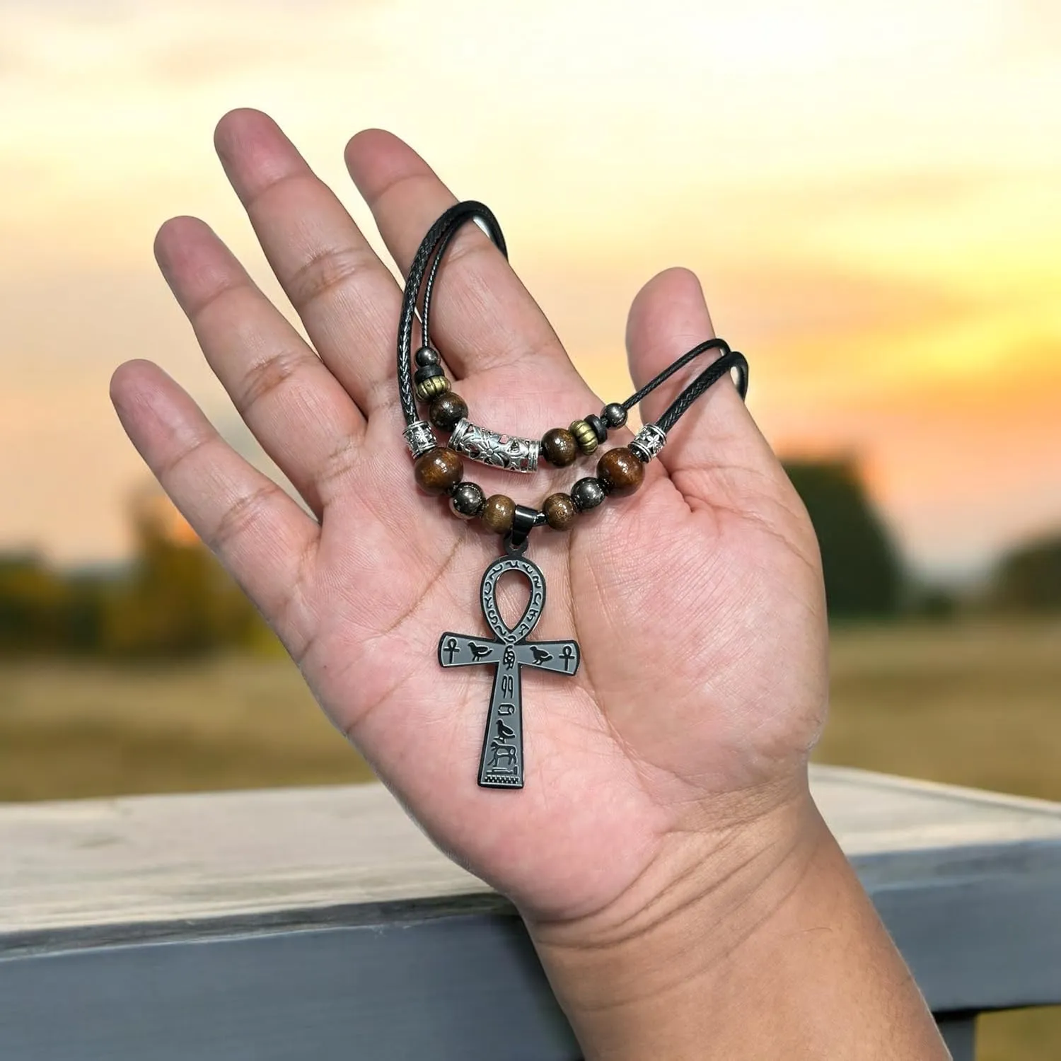 Double Layer Egyptian Necklace Ankh Cross Pendant Necklace Stainless Steel Ancient Egyptian Hieroglyphic Symbol Necklace for Men Women