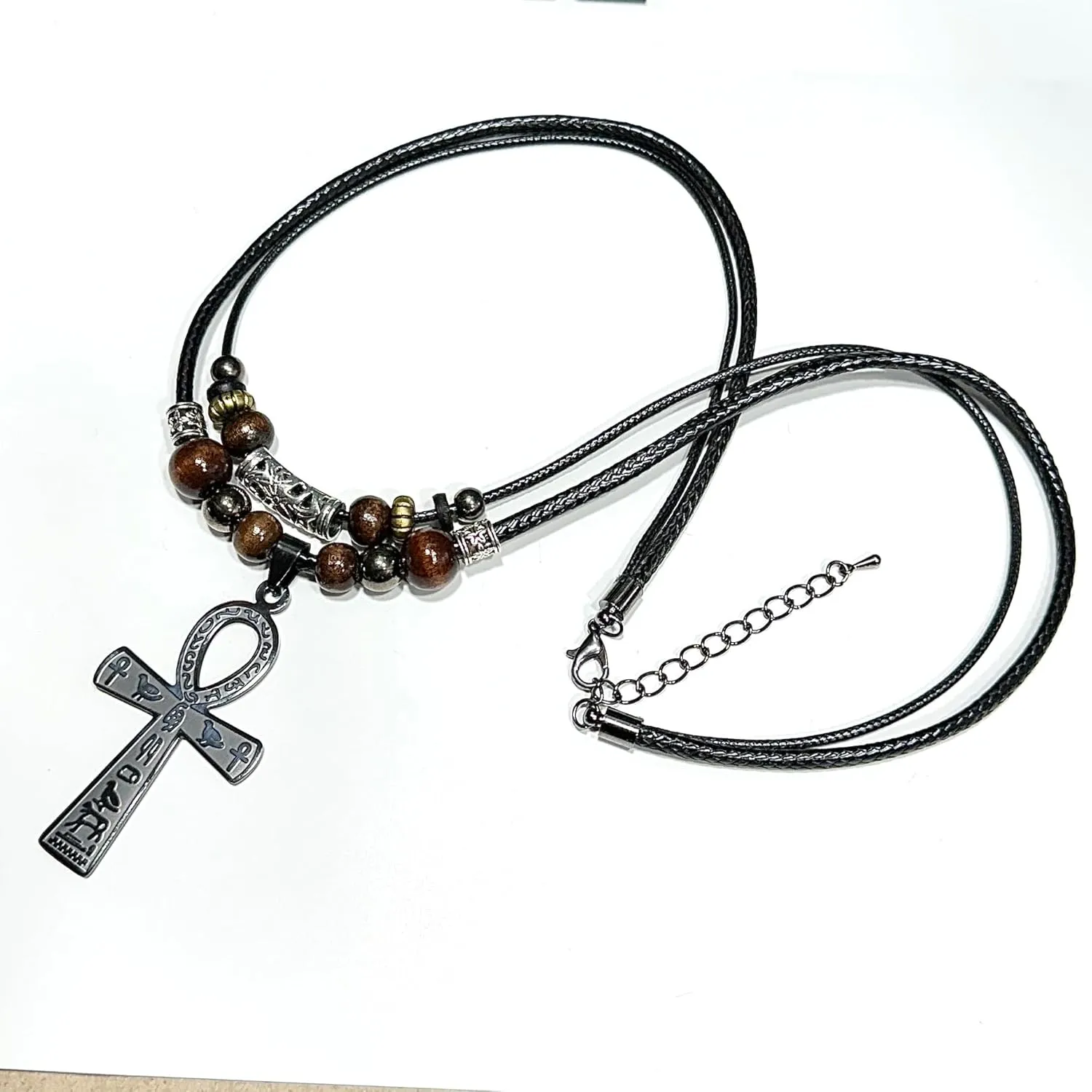 Double Layer Egyptian Necklace Ankh Cross Pendant Necklace Stainless Steel Ancient Egyptian Hieroglyphic Symbol Necklace for Men Women