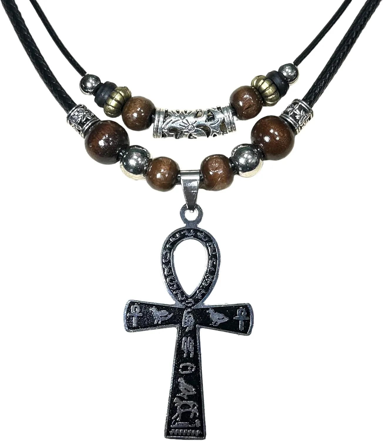 Double Layer Egyptian Necklace Ankh Cross Pendant Necklace Stainless Steel Ancient Egyptian Hieroglyphic Symbol Necklace for Men Women