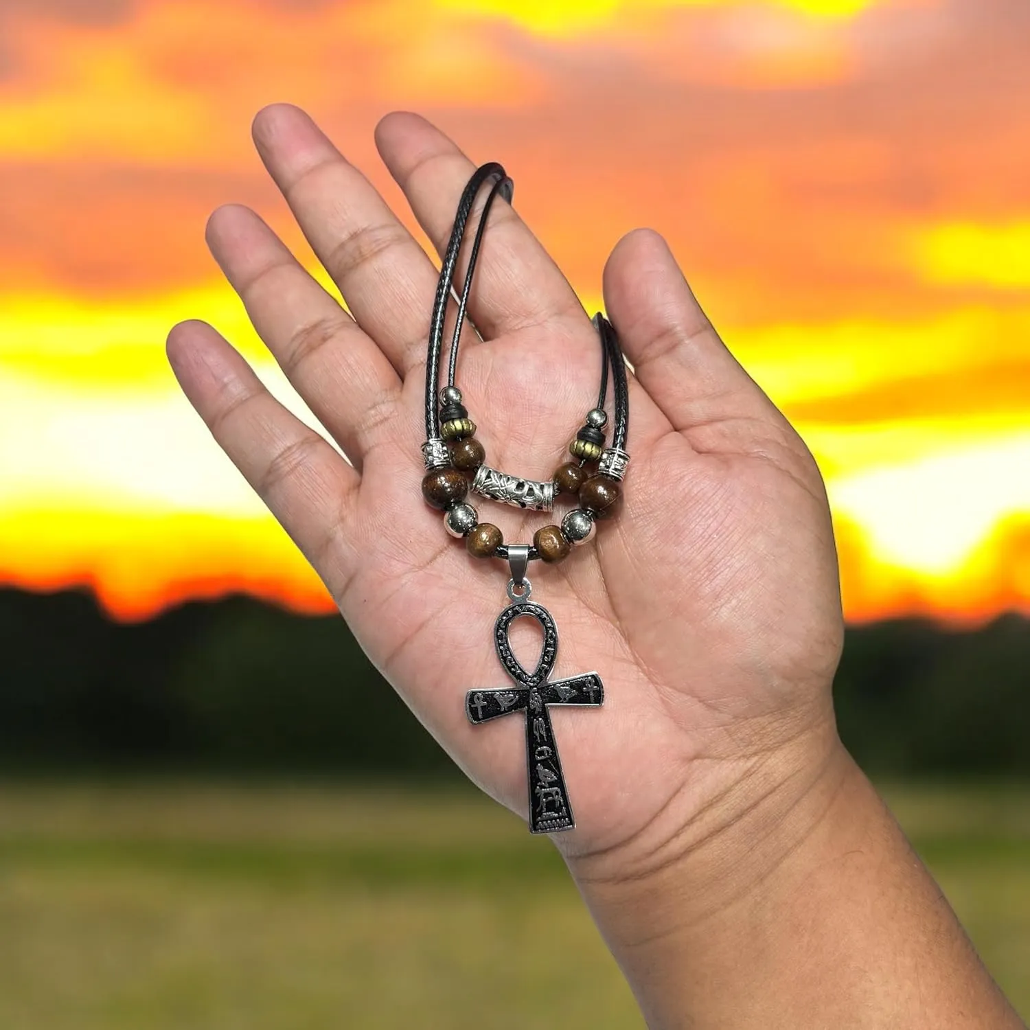 Double Layer Egyptian Necklace Ankh Cross Pendant Necklace Stainless Steel Ancient Egyptian Hieroglyphic Symbol Necklace for Men Women