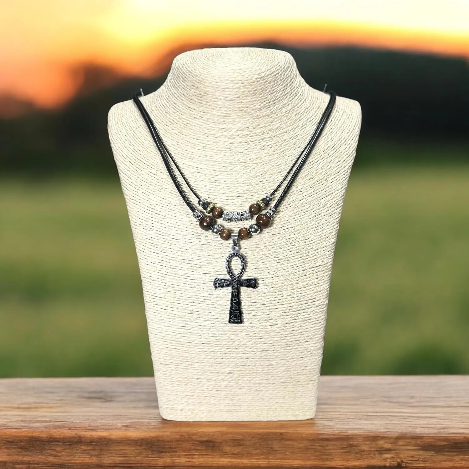 Double Layer Egyptian Necklace Ankh Cross Pendant Necklace Stainless Steel Ancient Egyptian Hieroglyphic Symbol Necklace for Men Women