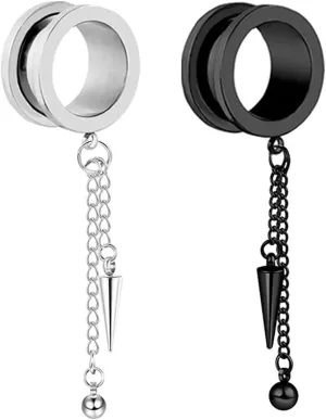 Ear Plugs, 2PCS Stainless Steel Gauges with Long Tassel Cone and Ball Dangle Gauges Tunnels Ear Piercing Jewelry
