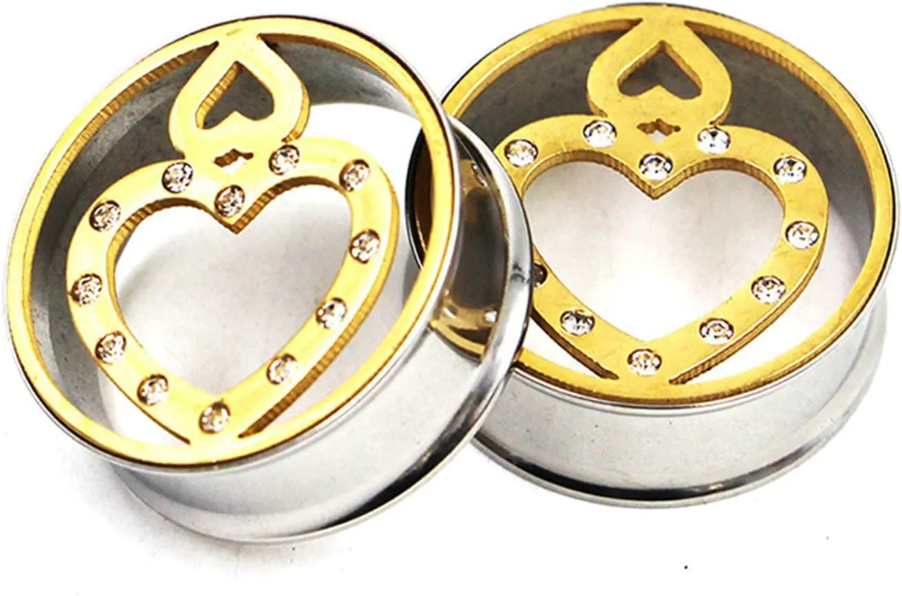 Ear Plugs, 2PCS Stainless Steel Tunnels Hollow Double Heart with Cubic Zirconia Tunnels For Ears Piercing Jewelry