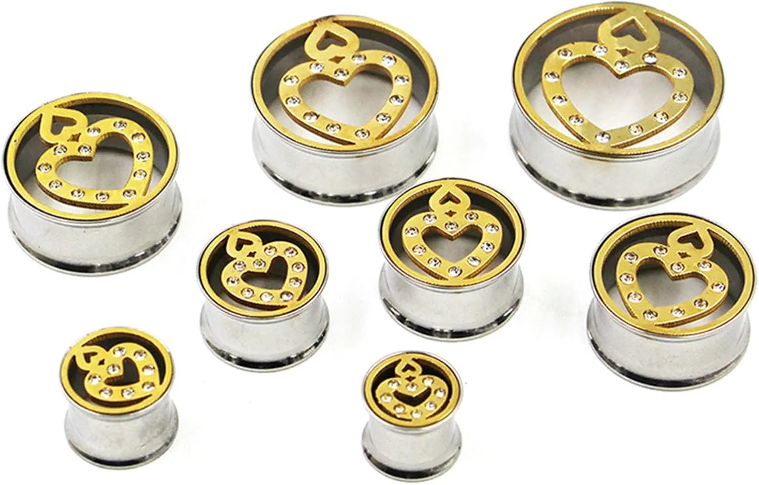 Ear Plugs, 2PCS Stainless Steel Tunnels Hollow Double Heart with Cubic Zirconia Tunnels For Ears Piercing Jewelry