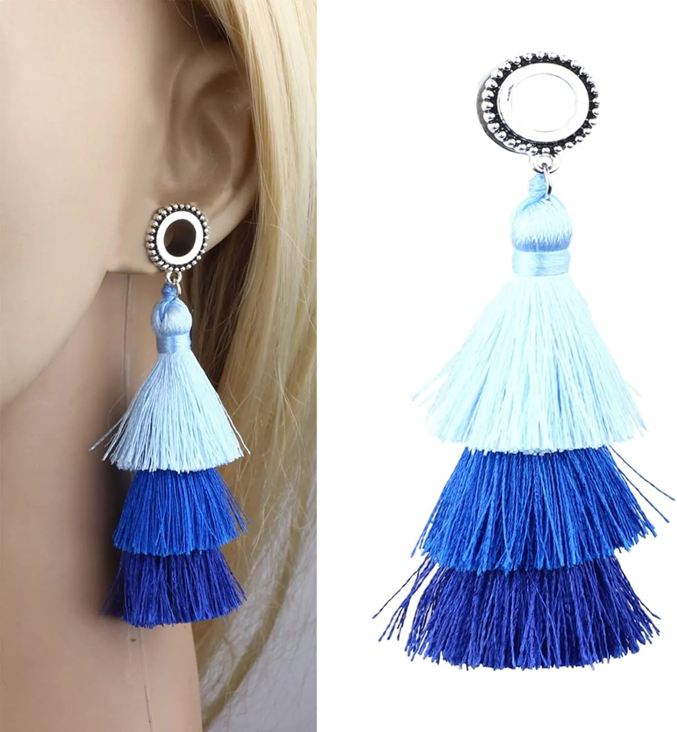 Ear Plugs, 2PCS Surgical Steel Ear Plugs Gauges with Blue Tassel Ear Gauges 11/16 inch Body Piercings Jewelry