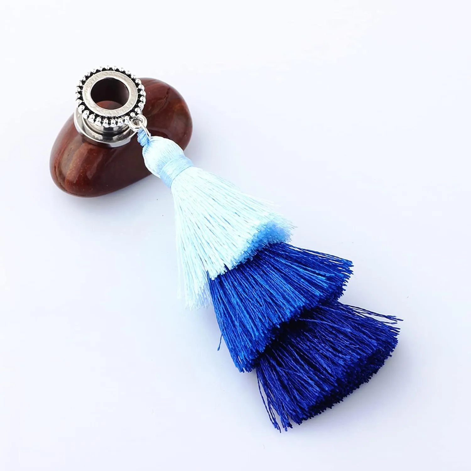 Ear Plugs, 2PCS Surgical Steel Ear Plugs Gauges with Blue Tassel Ear Gauges 11/16 inch Body Piercings Jewelry