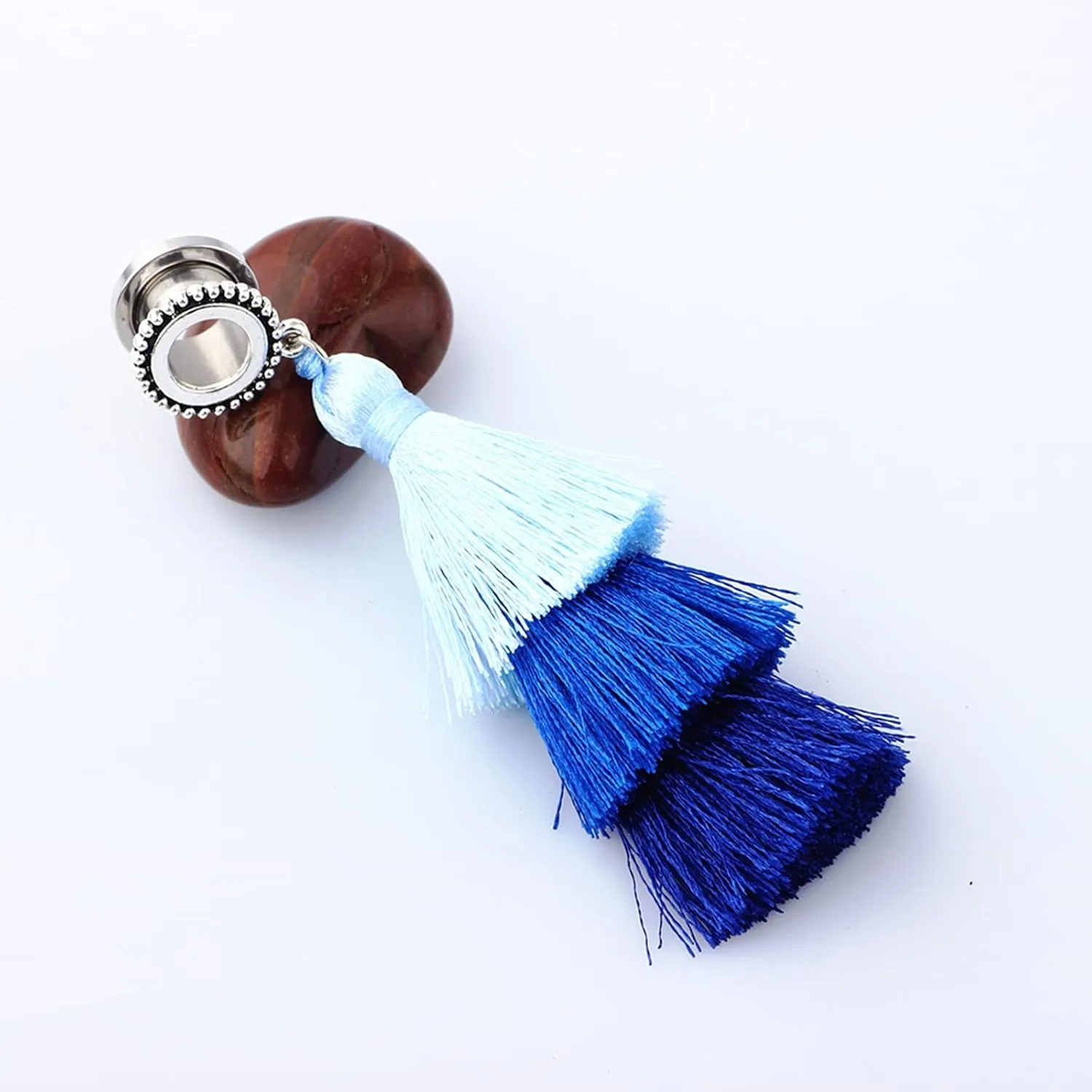 Ear Plugs, 2PCS Surgical Steel Ear Plugs Gauges with Blue Tassel Ear Gauges 11/16 inch Body Piercings Jewelry