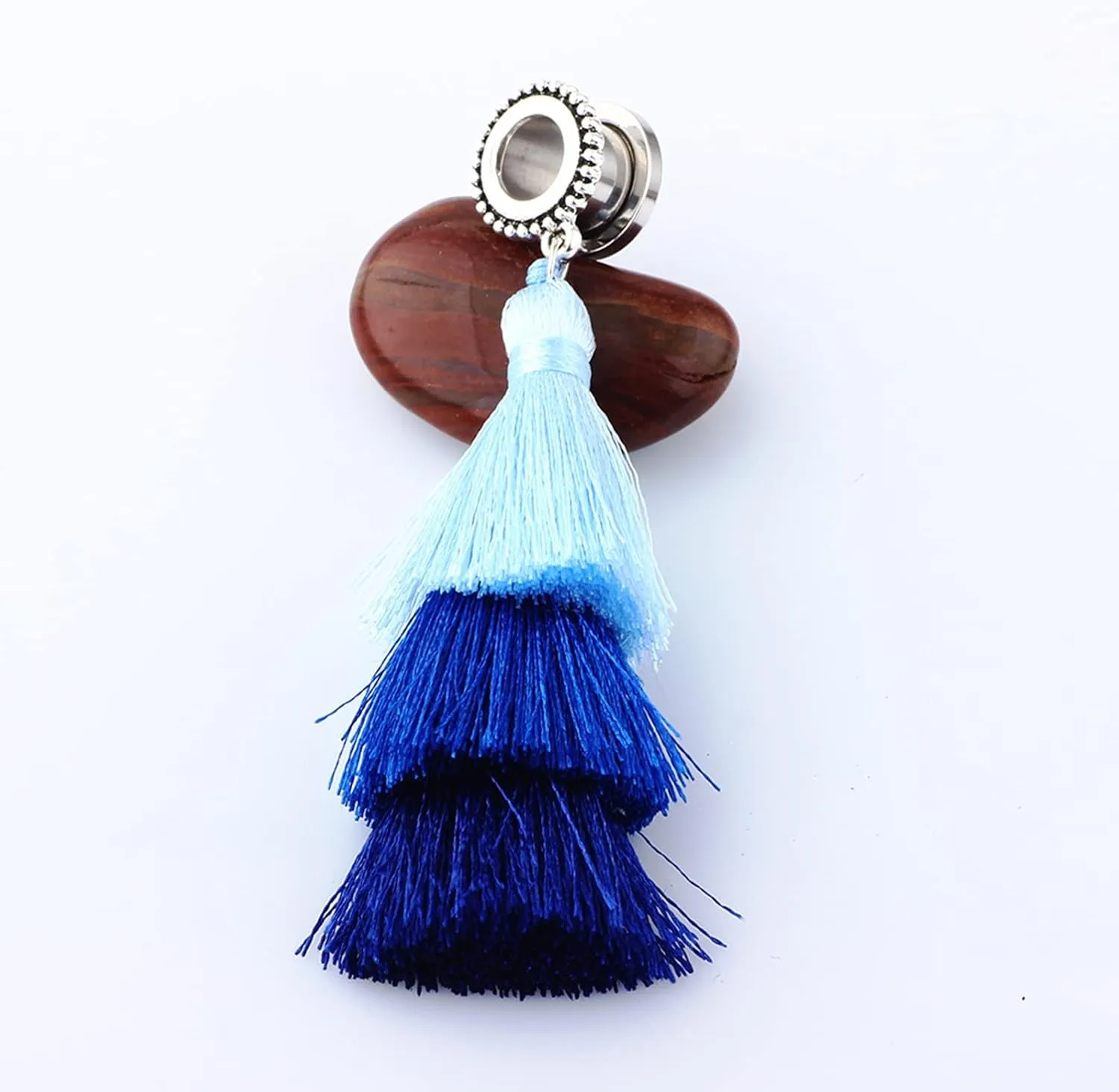Ear Plugs, 2PCS Surgical Steel Ear Plugs Gauges with Blue Tassel Ear Gauges 11/16 inch Body Piercings Jewelry