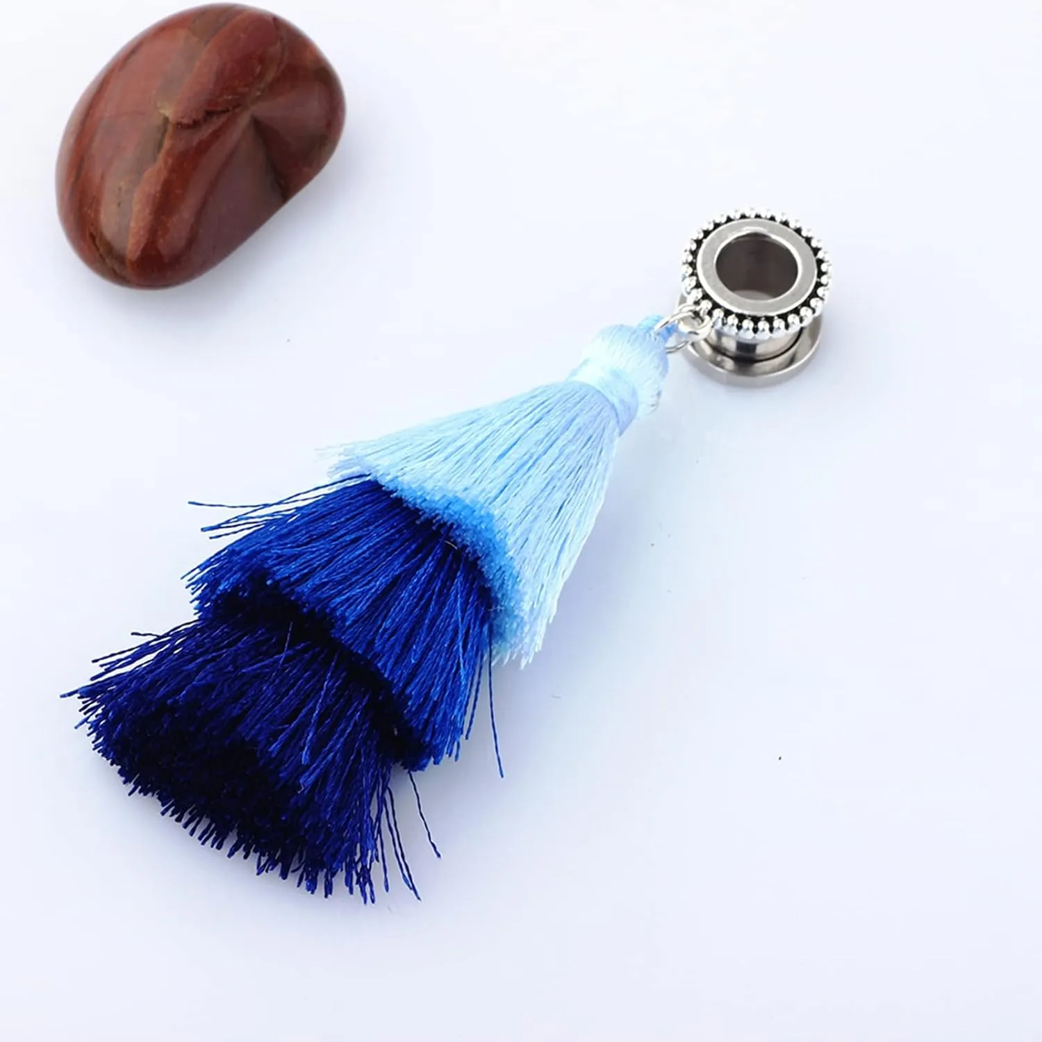 Ear Plugs, 2PCS Surgical Steel Ear Plugs Gauges with Blue Tassel Ear Gauges 11/16 inch Body Piercings Jewelry