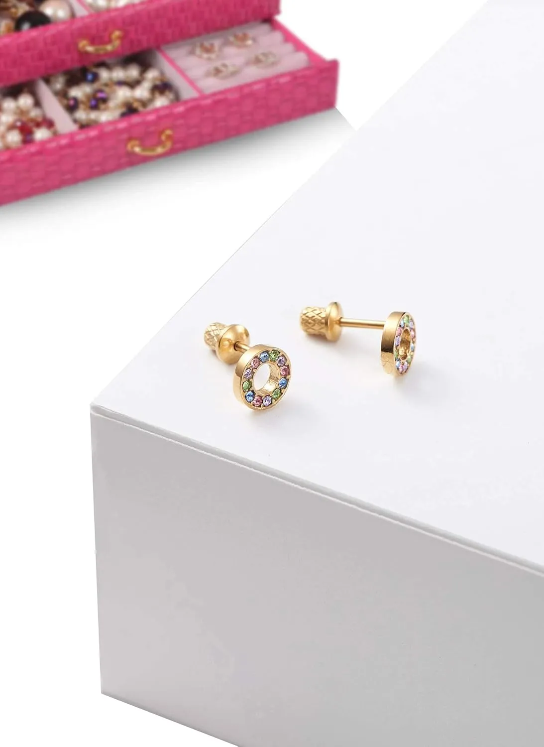 Earrings For Girls, 18k Multicolored Halo Hypoallergenic Earrings for Girls, Stud Screw On Safety Backs, Stainless Steel Ultra Sensitive Ears Post For Kids, Toddlers, Little Girls, Teens