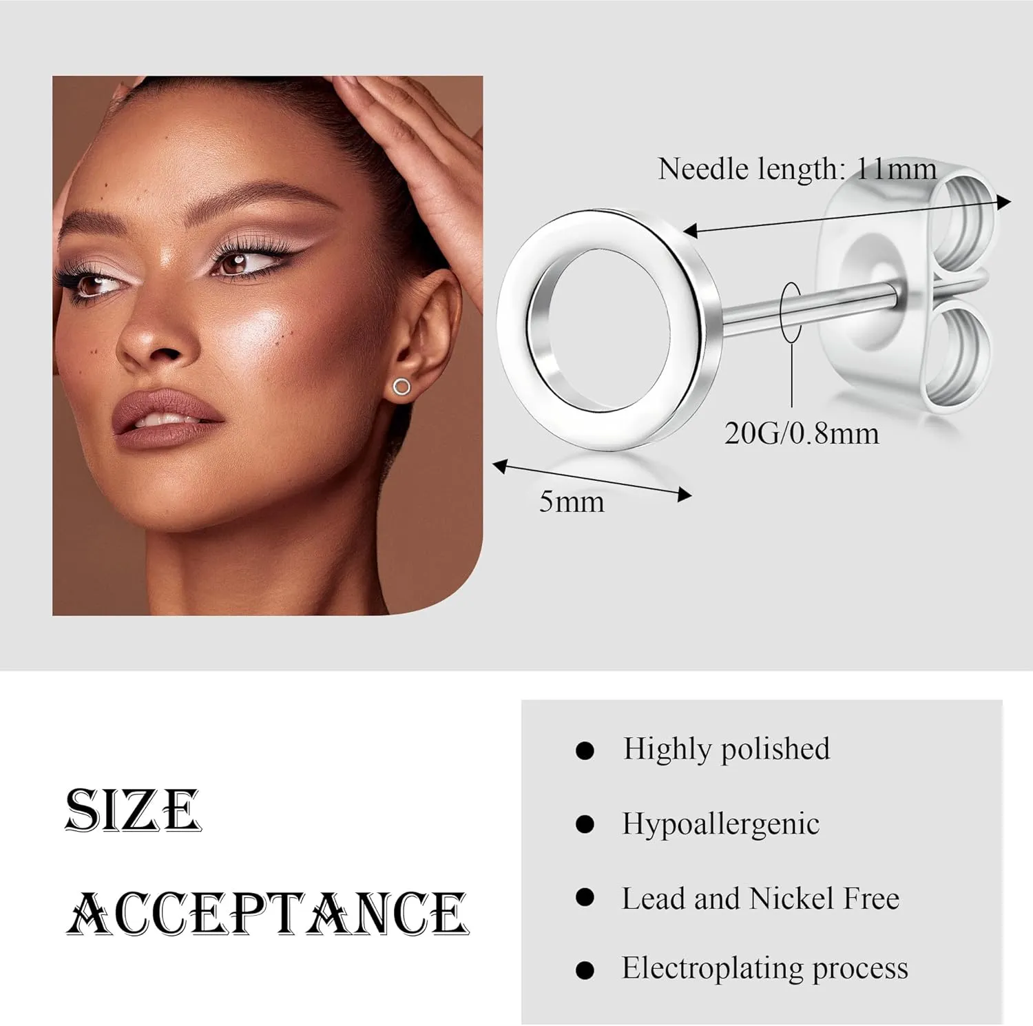 Earrings for Women, Titanium Circle 5mm Lightning Bolt Earring, Hypoallergenic Nickel Free Cross Stud Earring, Gold/Silver Options