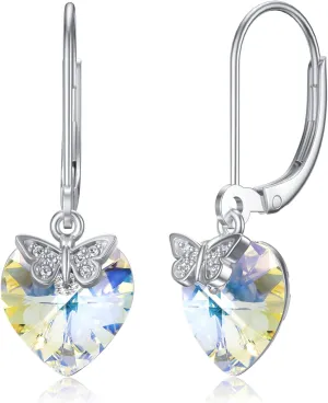 Earship Crystal Heart Dangle Earrings for Women Sterling Silver Hooks Drop Earrings for Birthday Anniversary Christmas Gifts