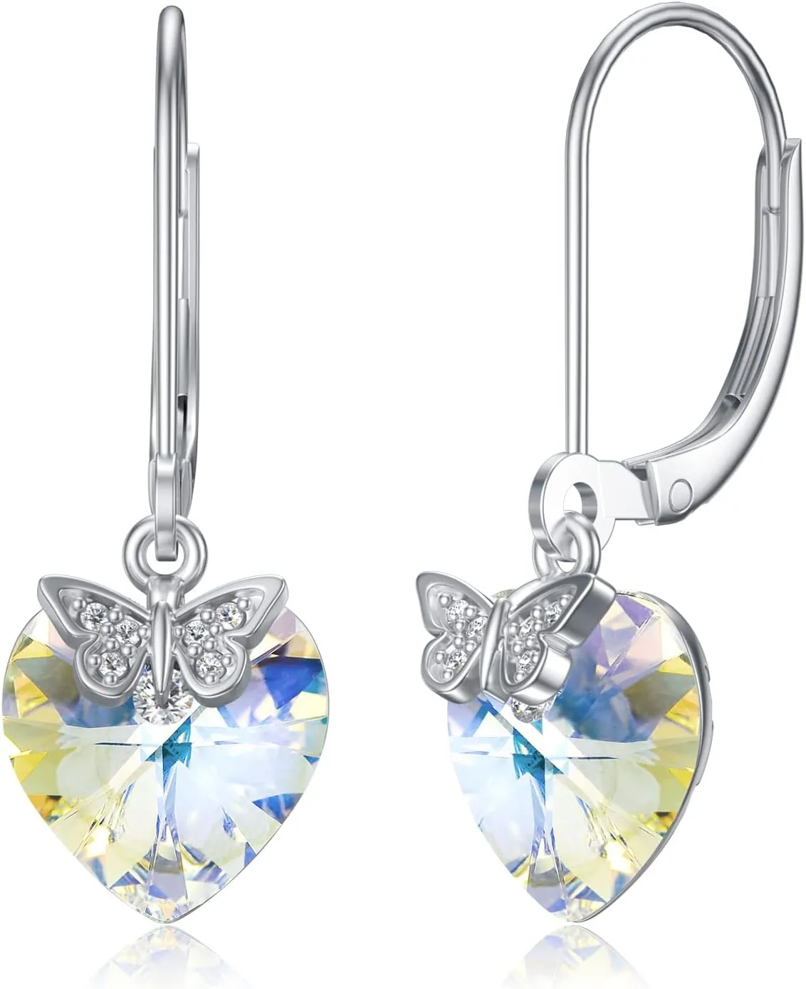 Earship Crystal Heart Dangle Earrings for Women Sterling Silver Hooks Drop Earrings for Birthday Anniversary Christmas Gifts