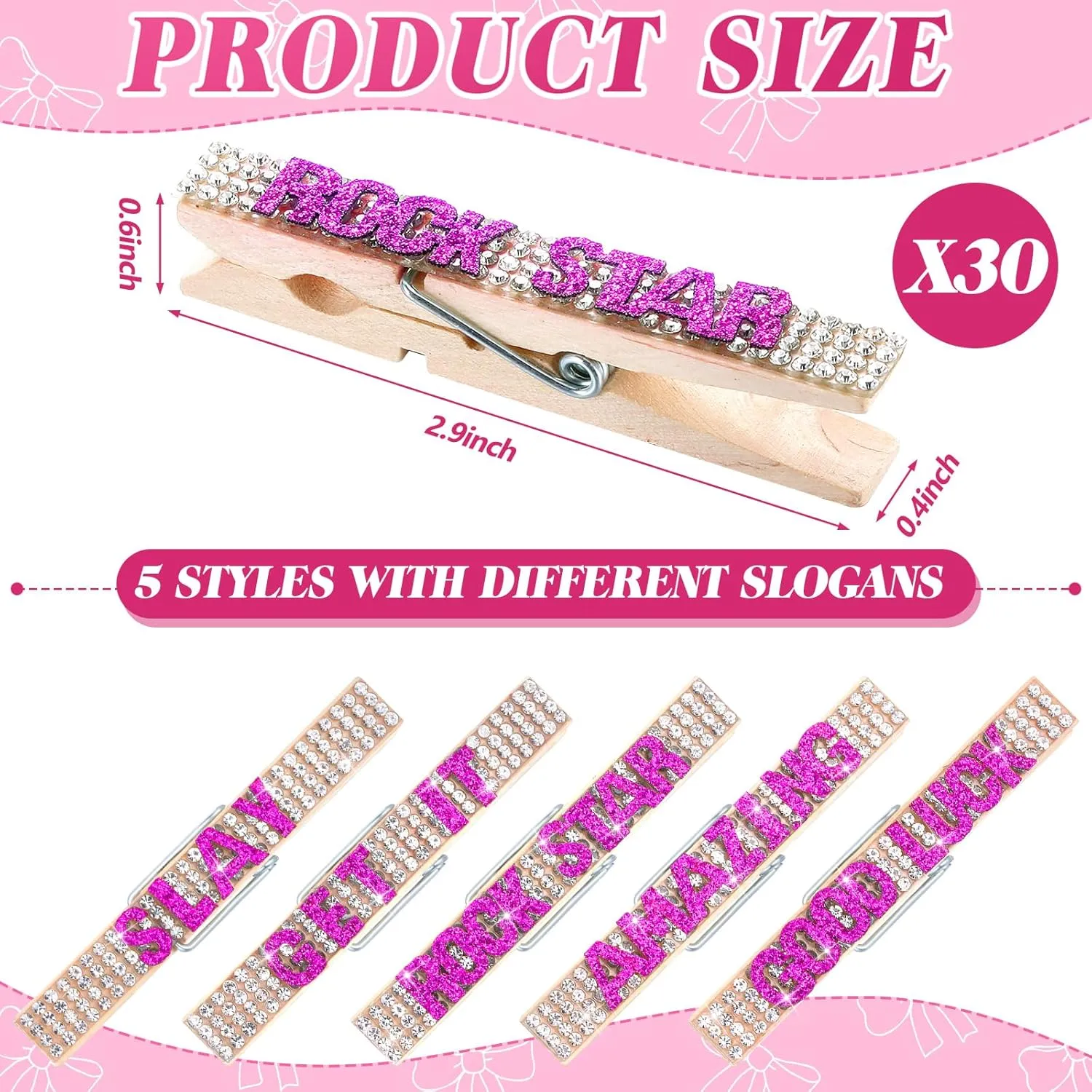 Ecation 30 Pcs Cheerleading Rhinestone Spirit Clips Competition Cheer Pins Clothespins Cheer Charms for Clothes Pins Gifts Team Supplies Party Favors Accessories Bulk Teen Sports Girls (Rose Red)