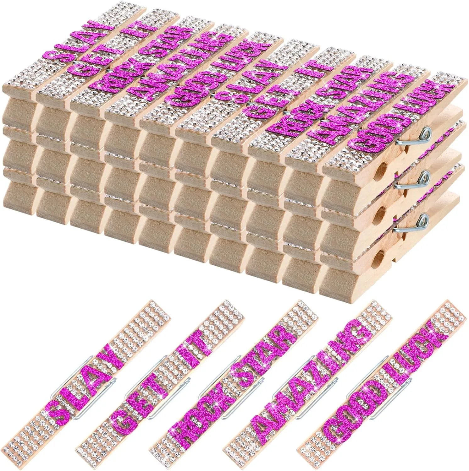 Ecation 30 Pcs Cheerleading Rhinestone Spirit Clips Competition Cheer Pins Clothespins Cheer Charms for Clothes Pins Gifts Team Supplies Party Favors Accessories Bulk Teen Sports Girls (Rose Red)