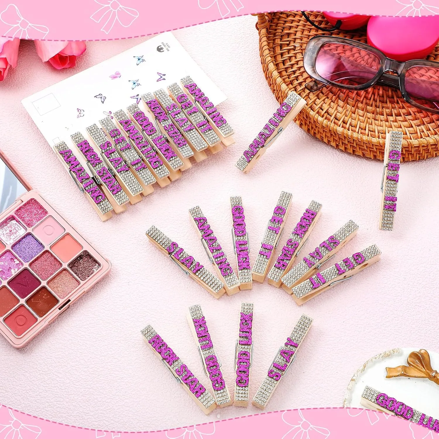 Ecation 30 Pcs Cheerleading Rhinestone Spirit Clips Competition Cheer Pins Clothespins Cheer Charms for Clothes Pins Gifts Team Supplies Party Favors Accessories Bulk Teen Sports Girls (Rose Red)