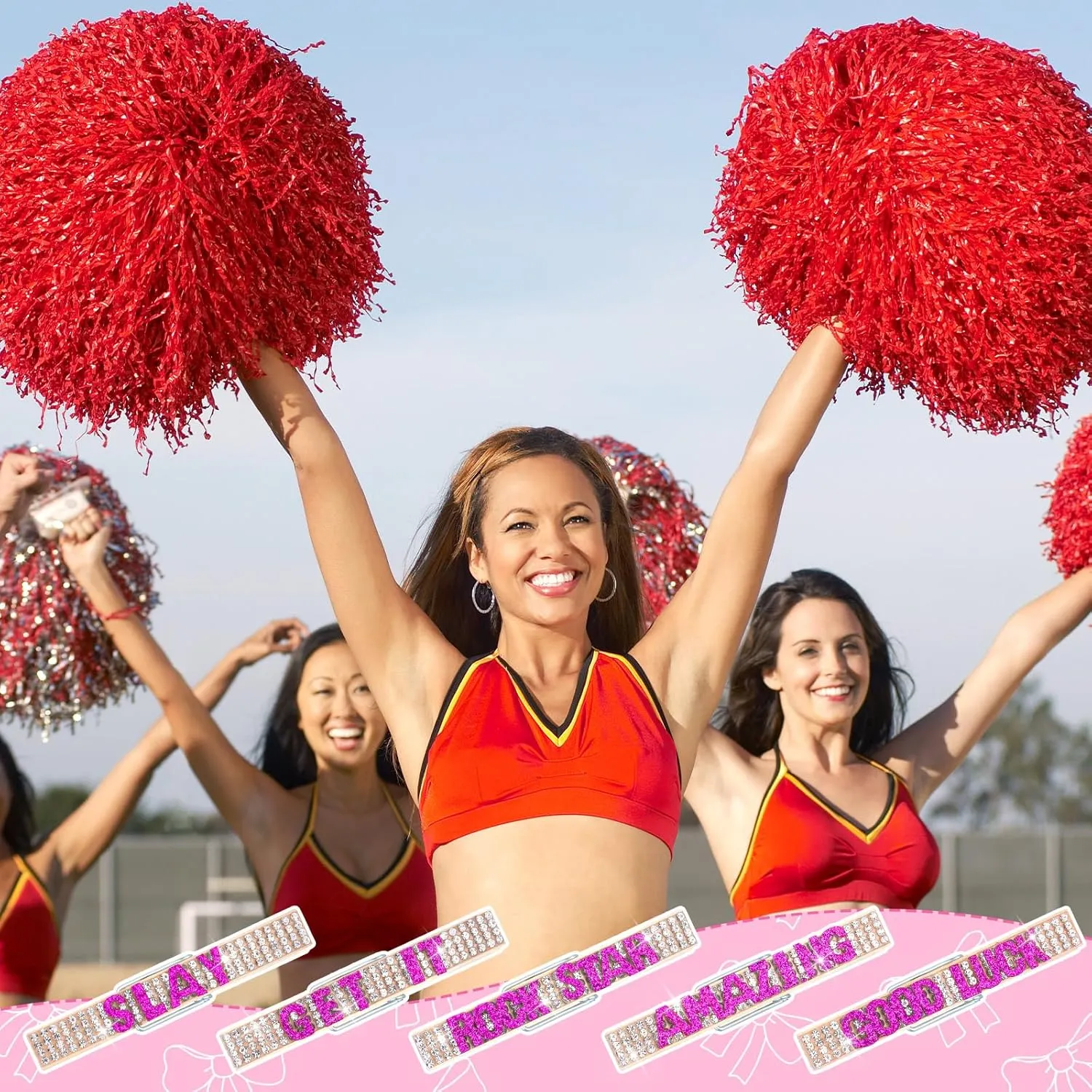 Ecation 30 Pcs Cheerleading Rhinestone Spirit Clips Competition Cheer Pins Clothespins Cheer Charms for Clothes Pins Gifts Team Supplies Party Favors Accessories Bulk Teen Sports Girls (Rose Red)